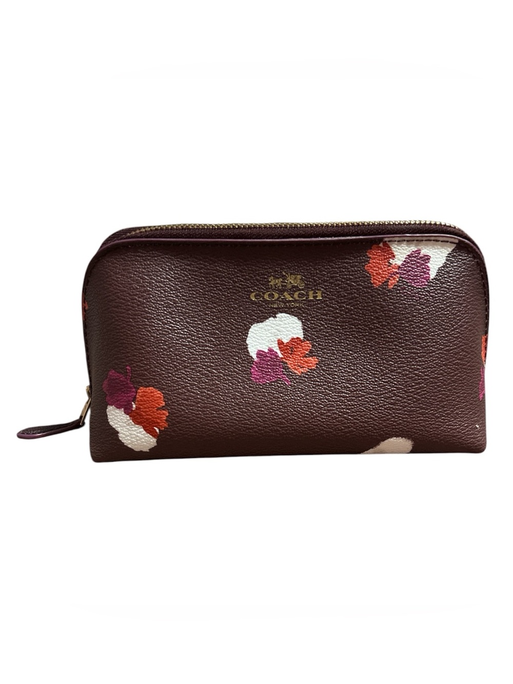 Coach Brown Floral Leather Cosmetic Case with Gold Logo